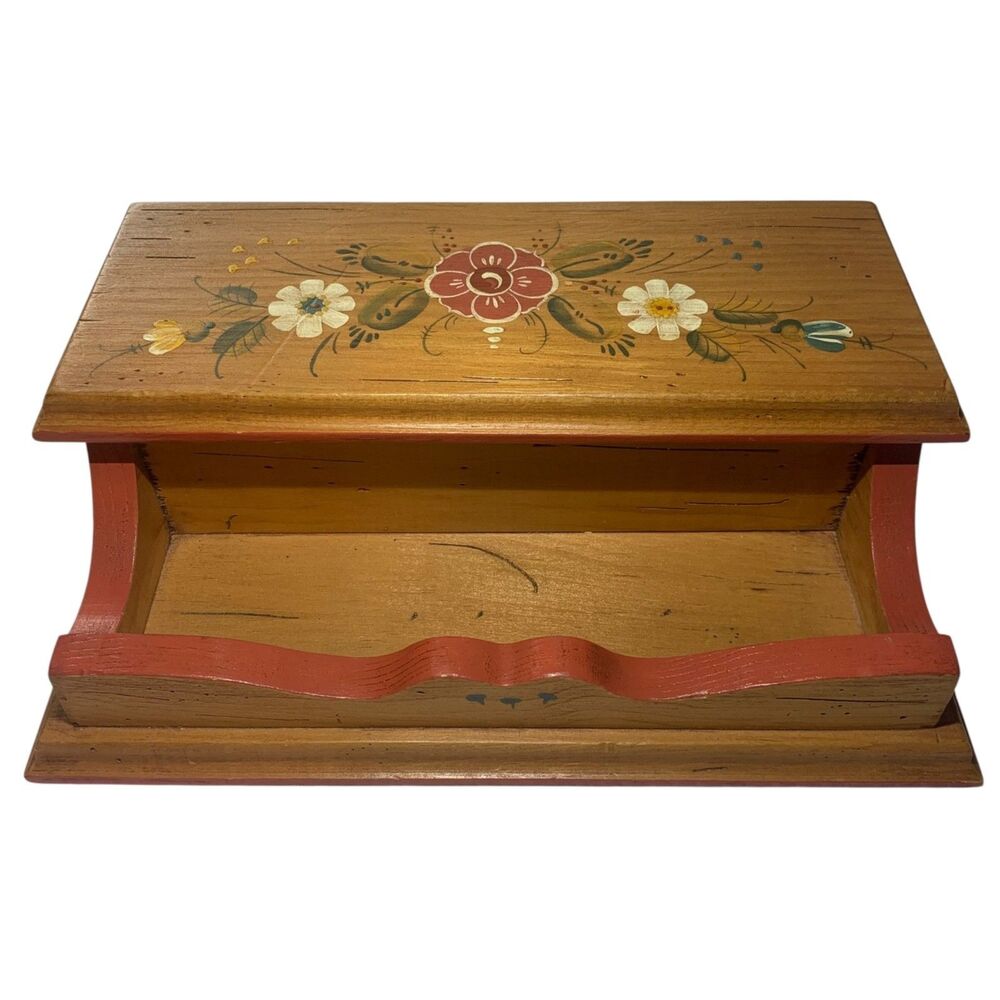 Vintage Wooden Trinket Organizing Desk Box Hand Painted Cottagecore